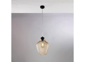 8057724581539 - Sospensione in ferro laccato nero con cavo elettrico regolabile e diffusore in vetro soffiato ambra con decoro in rilievo 1 luce H35 - MAX 135 - Ø21