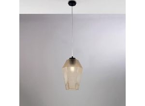 8057724581881 - Sospensione in ferro laccato nero con cavo elettrico regolabile e diffusore in vetro soffiato ambra con decoro in rilievo 1 luce H35 - MAX 135 - Ø20