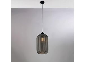 8057724582048 - Sospensione in ferro laccato nero con cavo elettrico regolabile e diffusore in vetro soffiato grigio specchiato con decoro rigatura in rilievo 1 luce