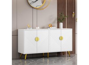 9491280148833 - Eleganter Beistellschrank in Weiß und Gold 140 x 40 x 75 cm mit verstellbarem Regal diagonal gestreiftes Design 4 Türen luxuriöses Sideboard für