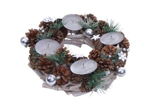 4057651691985 - Adventskranz HHG-807 Adventsgesteck Tischkranz Weihnachtsdeko Tischdeko Holz MVG silber Ø 32cm ohne Kerzen