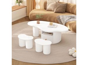 4971280150210 - Okwish - Unregelmäßiger Cloud-Couchtisch mit 2 Hockern Länge 110 cm Breite 60 cm Höhe 375 cm mdf mit 2 Schubladen und Filzgleitern Couchtisch