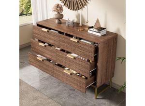 4951280146901 - Okwish - Kommode mit geprägter Struktur Sideboard mit Metallgriffen Kommode mit 6 Schubladen kippsicher 120 x 40 x 75 cm Walnuss