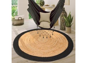 4061981167904 - Teppich Rund Wohnzimmer Jute Boho Ethno Muster Modern Handgefertigt Naturteppich Schwarz 160 cm Rund - Paco Home 4061981167904 - Teppich Rund Wohnzimmer Jute Boho Ethno Muster Modern Handgefertigt Naturteppich Schwarz 160 cm Rund - Paco Home