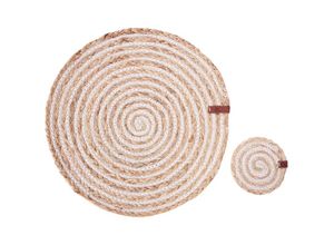 4255664896537 - Beliani - 6 Personen Tischset mit Untersetzern Naturfarben   Weiß Jute u Baumwolle Geflochten Rund ⌀ 35 cm 12-Teilig Handmade Boho-Stil Esszimmer