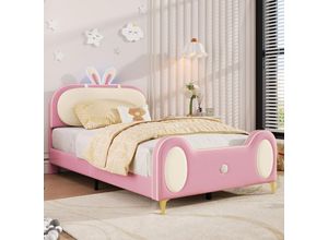 9491280769892 - Polsterbett Einzelbett Kinderbett Hasenkopfteil Kinderbett mit Holzlatten LED-Streifen mit Massivholzrahmen und Eisenrohr mdf + weicher