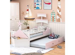 7621280143619 - Okwish - Kinderbett aus Holz 90200 Segelbootform mit Ausziehbett Stauraum am Ende des Bettes Einzelbett Kinderbett rosa