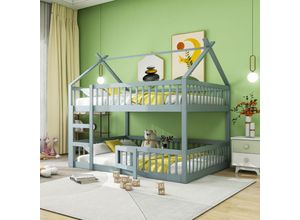 8281277631919 - Okwish - Kinder-Etagenbett 140 x 200 Familien-Kinderbett Etagenbett mit Treppe Loft-Design Etagenbettgestell aus Massivholz Grau