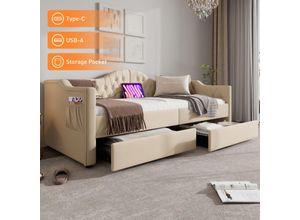 5031277627992 - Polsterbett Daybett Schlafsofa Stauraumbetten Bettgestell mit USB Type C Ladefunktion und 2 Schubladen 90x200cm Samt in Beige Samt(Ohne Matratze)