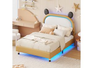 6911279628014 - Gepolstertes Kinderbett 140200cm mit LED-Beleuchtung niedriges Bett aus zweifarbigem Kunstleder verstellbares Kopfteil Doppelbett für Jungen