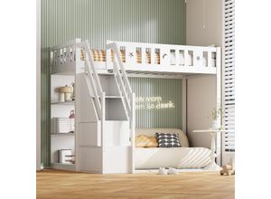 4911280138221 - Okwish - Hochbett 90200 cm mit Stauleiter und Regalen Einzelbett aus Holz Jugendbett Kinderbett Massivholzstruktur weiß