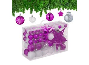 4052025979454 - Relaxdays - Weihnachtskugeln 101er Set Kunststoff Weihnachtsbaumdeko mit Kugeln & Spitze Christbaumschmuck pink weiß