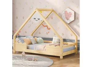 8421280136289 - Okwish - Hausbett Kinderbett 90x200cm mit Rausfallschutz Spielbett Jugendbett aus naturbelassenem Massivholz