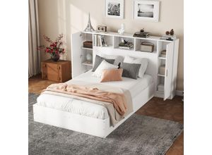 4641277630451 - Okwish - Flachbett 140200cm mit Kopfteil und mehreren Stauräumen schlichte Form und robuste Konstruktion weiß