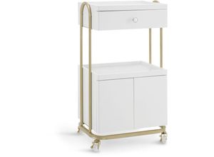 8429381088353 - Mcombo - m Servierwagen mit Rollen & Schublade Rollwagen Friseurwagen Weiß-Gold Salon Trolley mit 2 Ablagen und Schrank Moderner Arbeitswagen für