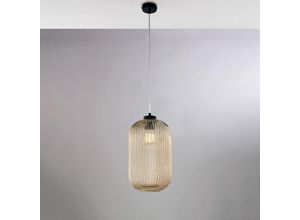 8050713218034 - Bonetti Illumina - Sospensione in ferro laccato nero con cavo elettrico regolabile e diffusore in vetro soffiato ambra con decoro rigatura in rilievo