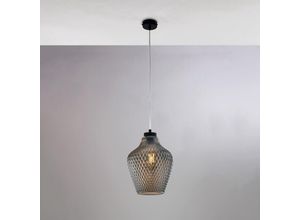 8057724581508 - Sospensione in ferro laccato nero con cavo elettrico regolabile e diffusore in vetro soffiato grigio specchiato con decoro in rilievo 1 luce H35