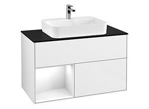 4051202678395 - Villeroy und Boch Finion Waschtischunterschrank G362GFGF 100cm Abdeckplatte black matt Emotion Regal links Glossy white lacquer Glossy white lacquer