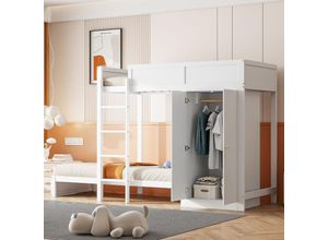 8311280146336 - Okwish - Etagenbett 90200cm mit vertikaler Sicherheitstreppe Kleiderschrank hohes Zaundesign Lattenrost Kinderbett Etagenbett weiß