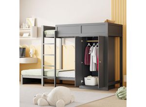 8731280146349 - Okwish - Etagenbett 90200cm mit vertikaler Sicherheitstreppe Kleiderschrank hohes Zaundesign Lattenrost Kinderbett Etagenbett grau