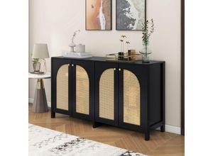 8021280148055 - Okwish - Modernes Sideboard im minimalistischen Stil 4 Rattantüren Metallgriff einfacher Buffetschrank für Esszimmer Wohnzimmer Küche (schwarz)