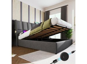 9401277628309 - Okwish - Polsterbett Stauraumbett USB Typ-C Ladeanschlüsse Seitentasche Hydraulisch Doppelbett 160x200cm Lattenrost aus Holz Bett mit Lattenrost