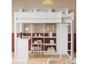 3351277631662 - Okwish - Etagenbett mit Tisch und Kleiderschrank Kinderbett mit Fallschutzgitter mit Regalen und vierstufiger Leiter integrierter Stauraum