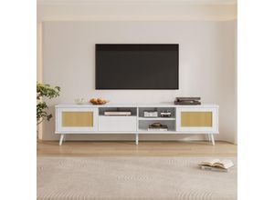 8731280148497 - Okwish - Weißer Rattan-TV-Schrank Maße 200x40x49 cm geeignet für 90-Zoll-Fernseher mit 2 Rattantüren 1 Schublade und 3 offenen Fächern – robuste