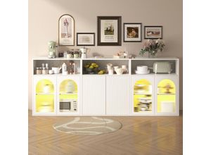 7891280149137 - Okwish - Sideboard-Aufbewahrungsschrank mit Glastür und LED-Holzblistertür unabhängiger Schrank für Küche Zuhause Wohnzimmer Weiß 210 x 35 x 90