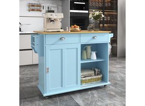 4691280150347 - Sideboard Sideboard 112x40(70)x94 cm blau klappbare Arbeitsplatte in Massivholzoptik mit Stauraumtür Rollen & austauschbaren Massivholzbeinen