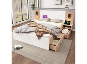 7661280152778 - Okwish - Holz-Doppelbettsystem 140×200cm mit 2 Schubladen Kopfteil-Leselampe mit USB-Ladefunktion modernes Bett mit 2 Nachtkommoden Bettgestell