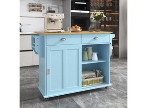 7631280778827 - Redom - Servierwagen Sideboard 112x40(70)x94 cm blau klappbare Arbeitsplatte in Massivholzoptik mit Stauraumtür Rollen und austauschbaren