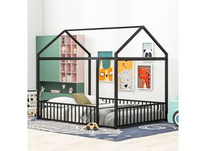 8451280153818 - Okwish - Kinderbett 140x200 Betthaus Metallbettgestell mit Zaun für Kinder Jugendliche Mädchen Jungen Schwarz