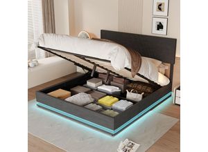 6921280156321 - Bettgestell 180 x 200 cm Doppelbett mit Stauraum und flachem Nudelgestell LED-Bettgestell mit USB-Ladefunktion Staubettfunktion Bettgestell