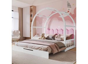 9451280148684 - Ausziehbares Bogendachbett Schiebebett Kinderbett Tagesbett Doppelbett Samtkissen Gestell aus Kiefernholz Weiß + Rosa (140 x 100 cm und 140 x