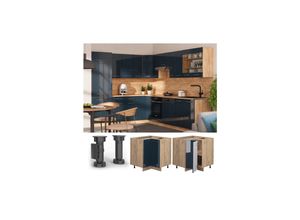 4066731407019 - Eckunterschrank Fame-Line Eiche Dunkelblau Hochglanz 87 cm mit Arbeitsplatte Weiß-Marmor