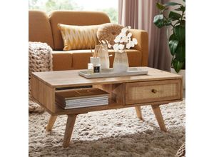 4251757700552 - Couchtisch 90x40x45 cm Mango Massivholz   Rattan Wohnzimmertisch Rechteckig Holztisch mit Stauraum Sofatisch mit Schublade Tisch