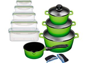 4019256022526 - KING Topf-Set ALUGUSS Aluminiumguss (Set 19-tlg je 1 Kochtopf 16 20 24 cm 1 Stieltopf 16 cm Vorratsdosen-Set Grips) Glasdeckel InduktionKeramikantihaftbeschichtung grün