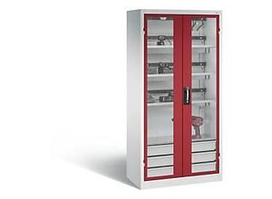 4065714009288 - C+P Akkuladeschrank Comfort mit Sichtfenster aus Acrylglas H 1950 x B 930 x T 500 mm Lichtgrau Rubinrot