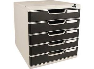 9002493424715 - Schubladenbox MODULO Format A4+ 5 abschließbare Schübe geschlossen Griffmulde & Etikettenhalter 2 Schlüssel Kunststoff grau