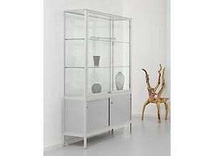 4260222862381 - Staufachvitrine BST Brandschutzklasse B1 3 Fächer 1 Staufach abschließbare Schiebetüren B 730 x T 500 x H 1950 mm Aluminium Glas Metall silber