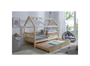 4251105969198 - TiCAA Kinderbett Hausbett Montessori Kay 90x200 100x200 cm 120x200 cm 140x200 für Jungen & Mädchen mit Schubladen Rausfallschutz & Rolllattenrost - aus Kiefer Massivholz für Kinderzimmer