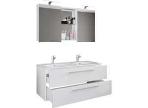 4051814410994 - 3-tlg Doppel Waschplatz 2x Waschtisch Badmöbel Set mit Unterschrank Waschbecken und Spiegelschrank Doppelwaschbecken Komplettset Budasi SC