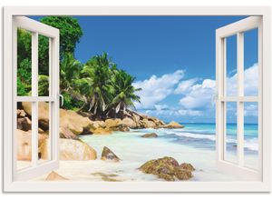 4062144600498 - Wandbild ARTLAND Küste mit Palmen durchs Fenster Bilder Gr B H 70 cm x 50 cm Alu-Dibond-Druck Karibikbilder Querformat 1 St blau Kunstdrucke als Alubild Leinwandbild Wandaufkleber oder Poster in versch Größen