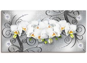 4062144594124 - Wandbild ARTLAND weiße Orchideen auf Ornamenten Bilder Gr B H 40 cm x 20 cm Leinwandbild Blumenbilder Querformat 1 St grau Kunstdrucke als Alubild Leinwandbild Wandaufkleber oder Poster in versch Größen