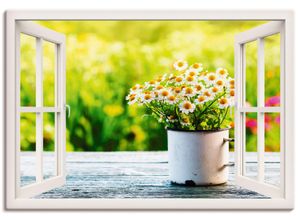 4057738334644 - Wandbild ARTLAND Fensterblick Garten mit Gänseblümchen Bilder Gr B H 70 cm x 50 cm Leinwandbild Blumen Querformat 1 St weiß Bild Poster Bilder als Alubild Leinwandbild Wandaufkleber oder in versch Größen