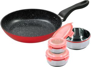 4019256023103 - KING Bratpfanne Aluminium (Set 7-tlg 1 Pfanne 3 Vorratsdosen 3 Deckel) Ø 28 cm formstabiler Thermoboden Induktion Keramikbeschichtung rot 4019256023103 - KING Bratpfanne Aluminium (Set 7-tlg 1 Pfanne 3 Vorratsdosen 3 Deckel) Ø 28 cm formstabiler Thermoboden Induktion Keramikbeschichtung rot