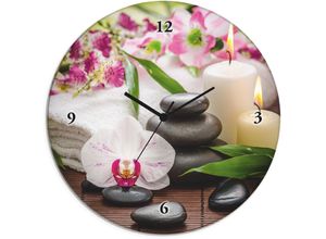 4062144603840 - Wanduhr ARTLAND Glasuhr rund Spa Orchideen Bambus Kerze Wanduhren Gr B H T 30 cm x 30 cm x 18 cm Quarzuhr pink Wanduhren wahlweise mit Quarz- oder Funhuhrwerk lautlos ohne Tickgeräusche