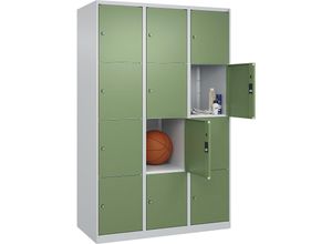 4067521352489 - 4er-Schließfachschrank Classic PLUS 3 Abteile lichtgrau resedagrün B 1200 mm 12 Fächer mit Bodengleitern C+P 4067521352489 - 4er-Schließfachschrank Classic PLUS 3 Abteile lichtgrau resedagrün B 1200 mm 12 Fächer mit Bodengleitern C+P