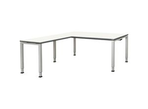 4250633338094 - mauser Schreibtisch verkettet Fußform Quadrat- Rechteckrohr Höhe 760   850 mm mit Winkelansatz HxBxT 850 x 1900 x 900 mm weiß alufarben Winkelansatz links (B 1000 mm)